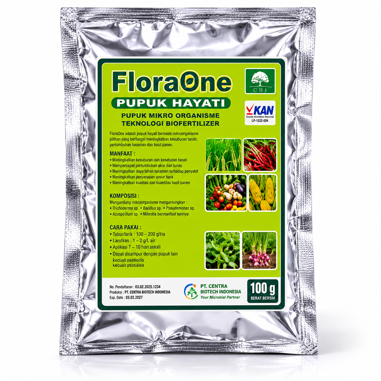 Kemasan FloraOne Padat pupuk hayati serbuk 50 gram dan 250 gram